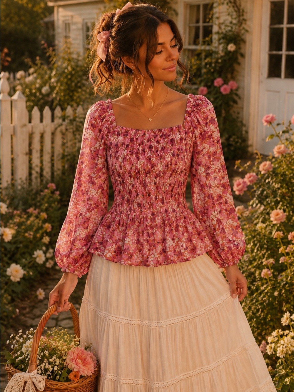 Nanette Lepore Smocked Floral Blouse | Romantic Cottagecore Peplum Top